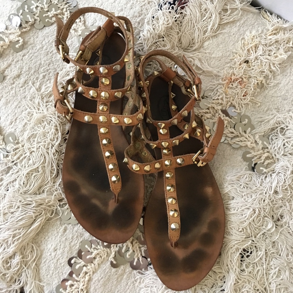 ASH Tan Leather Studded Flat Sandals 36 6
